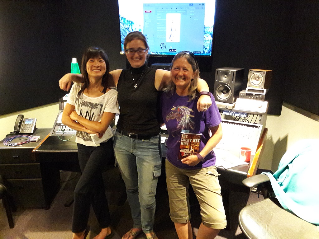Narrator Nancy Wu, Audio Engineer Tess VanLaanen, and Author J.v.L. Bell after finishing the recording of the Lucky Hat Mine